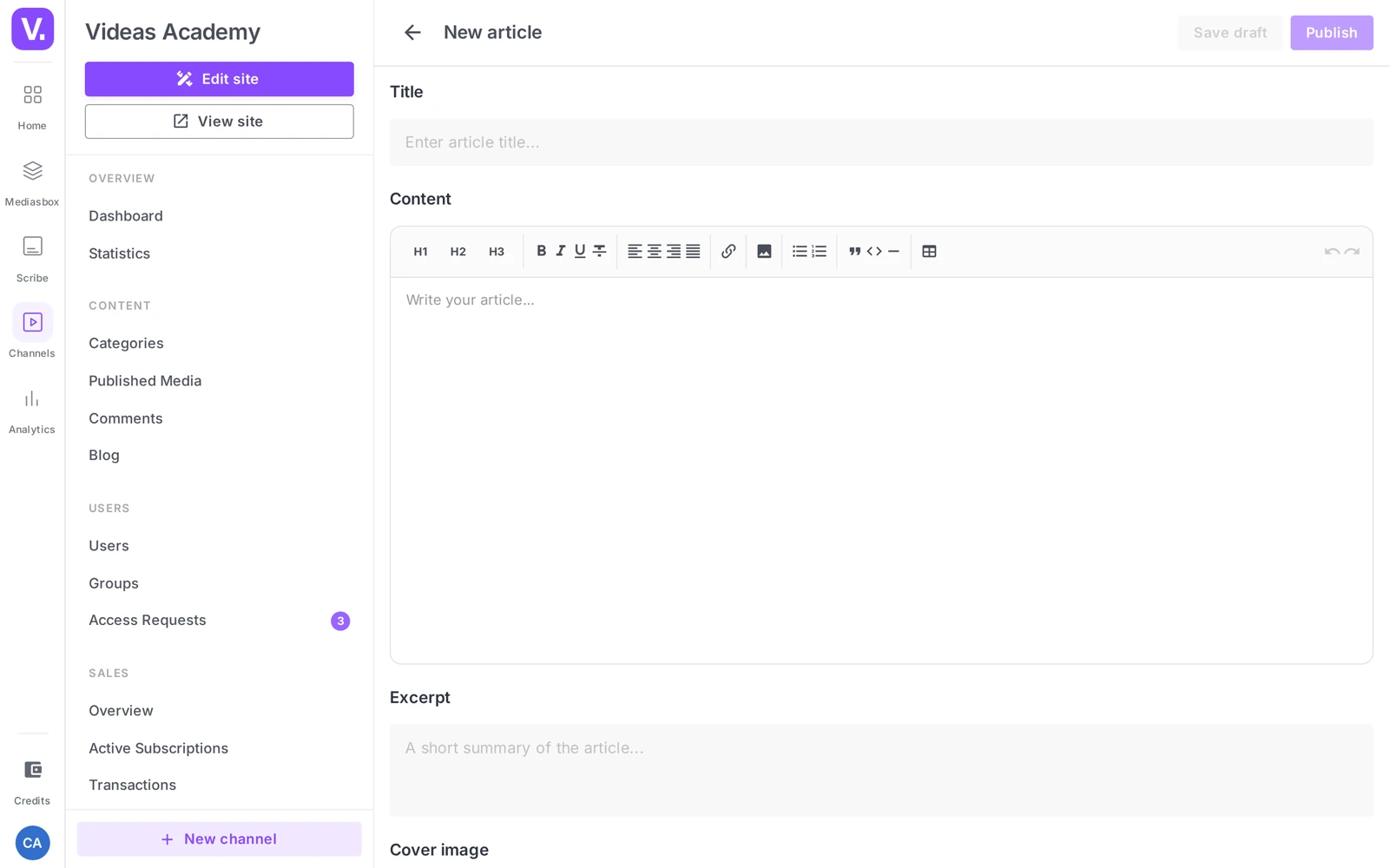 the post editor (Title, Content, Excerpt, Cover image, Options, Tags, Categories, SEO settings)