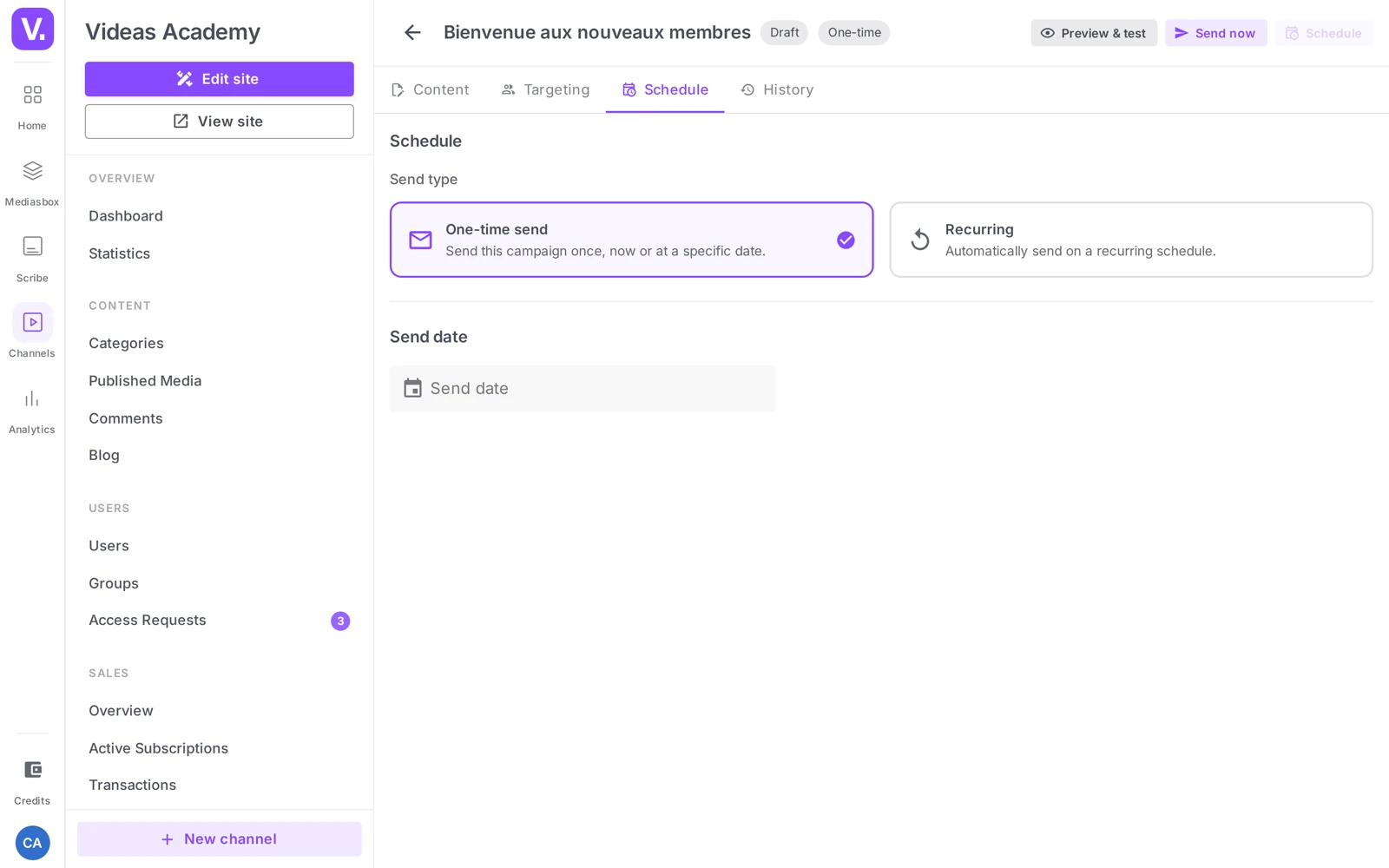 the Scheduling tab with the Recurring type selected and the frequency options