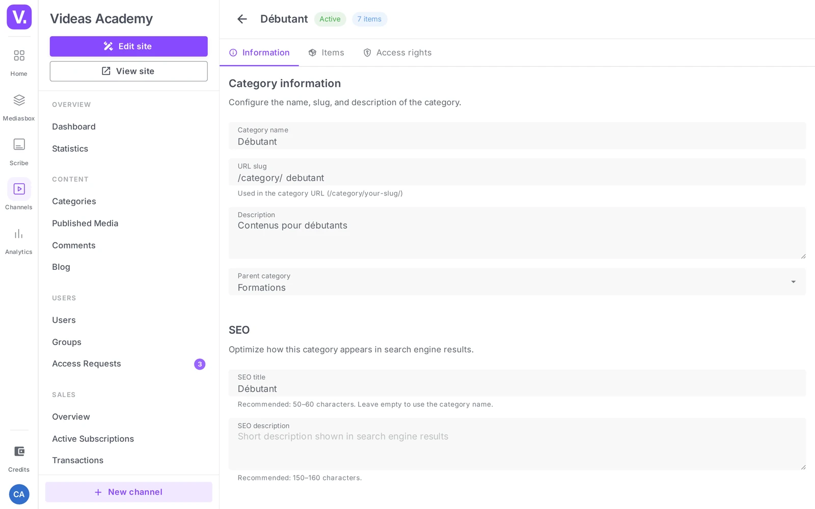the Information tab of a category (Information, SEO, Appearance and Display sections)