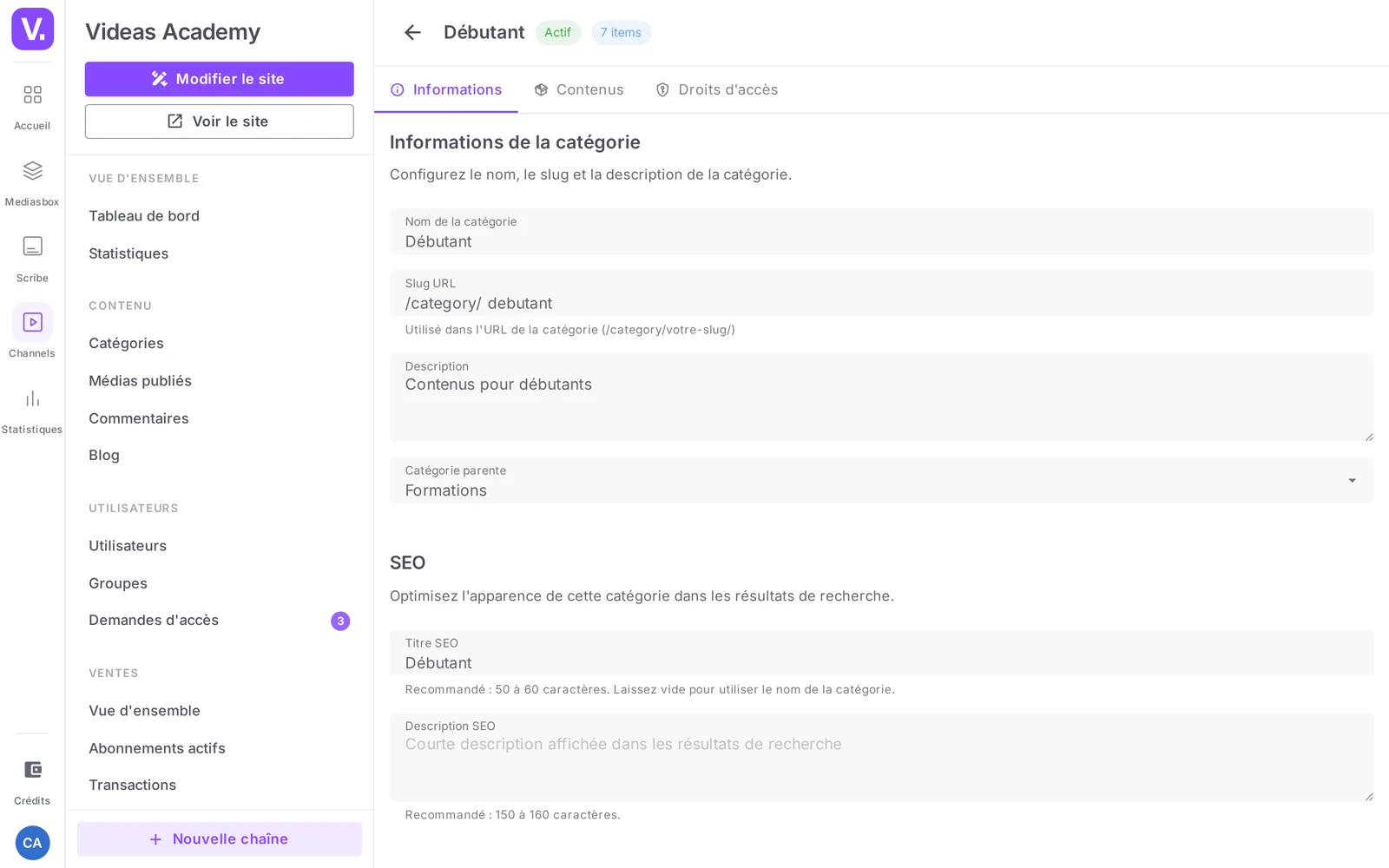 l’onglet Informations d’une catégorie (sections Informations, SEO, Apparence, Affichage)