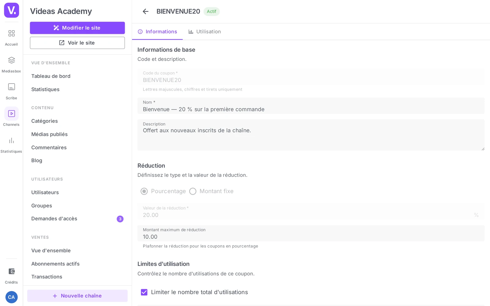 le formulaire Informations d’un coupon (code, réduction, limites, validité)