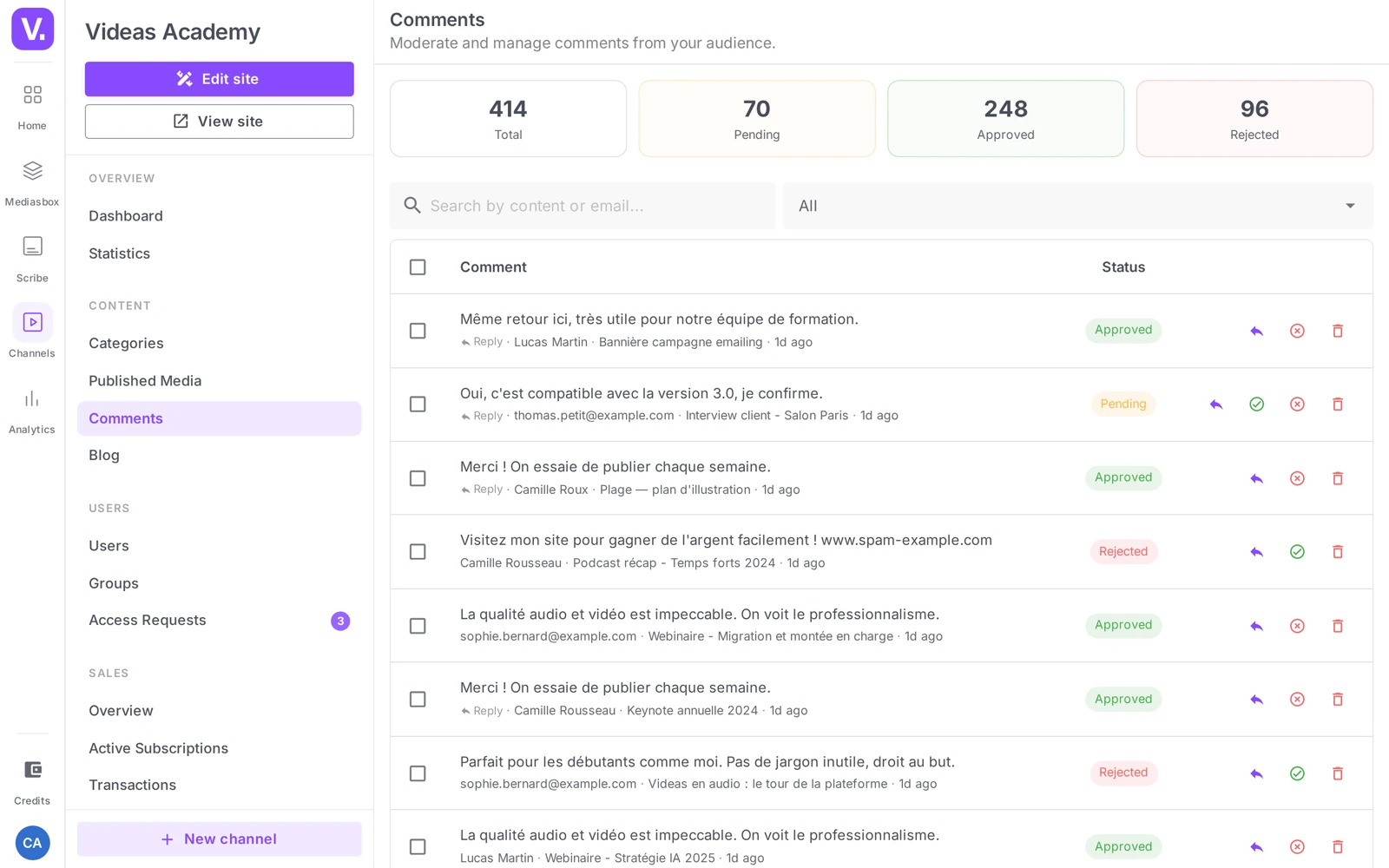 the Comments moderation center (Total / Pending / Approved / Rejected indicators + filter)