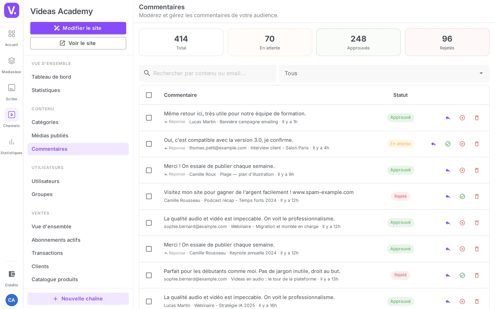 le centre de modération Commentaires (indicateurs Total / En attente / Approuvés / Rejetés + filtre)