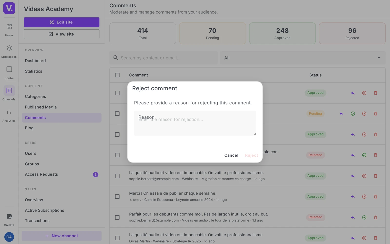 the Reject comment dialog with the Reason field (mandatory)