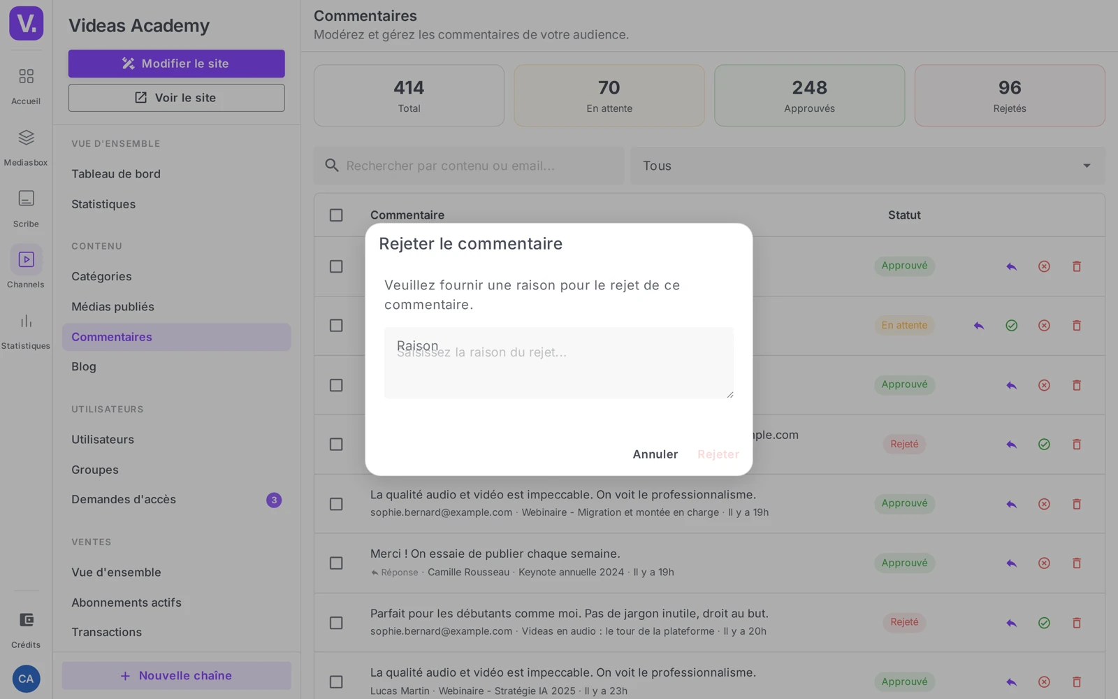 la modale Rejeter le commentaire avec le champ Raison (obligatoire)