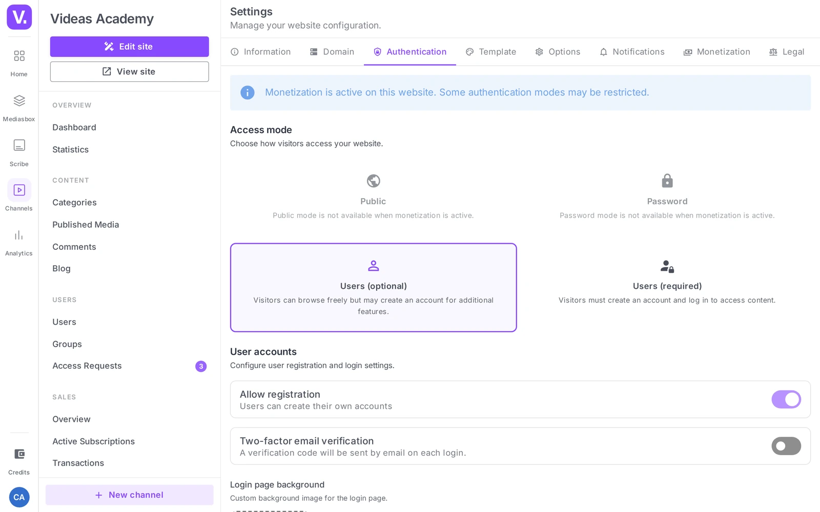Settings → Authentication, Access mode section with the 4 cards