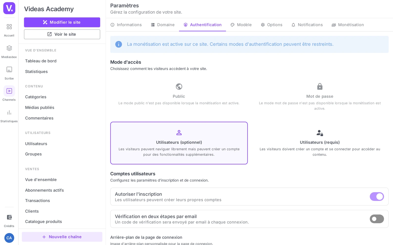 Paramètres → Authentification, section Mode d’accès avec les 4 cartes