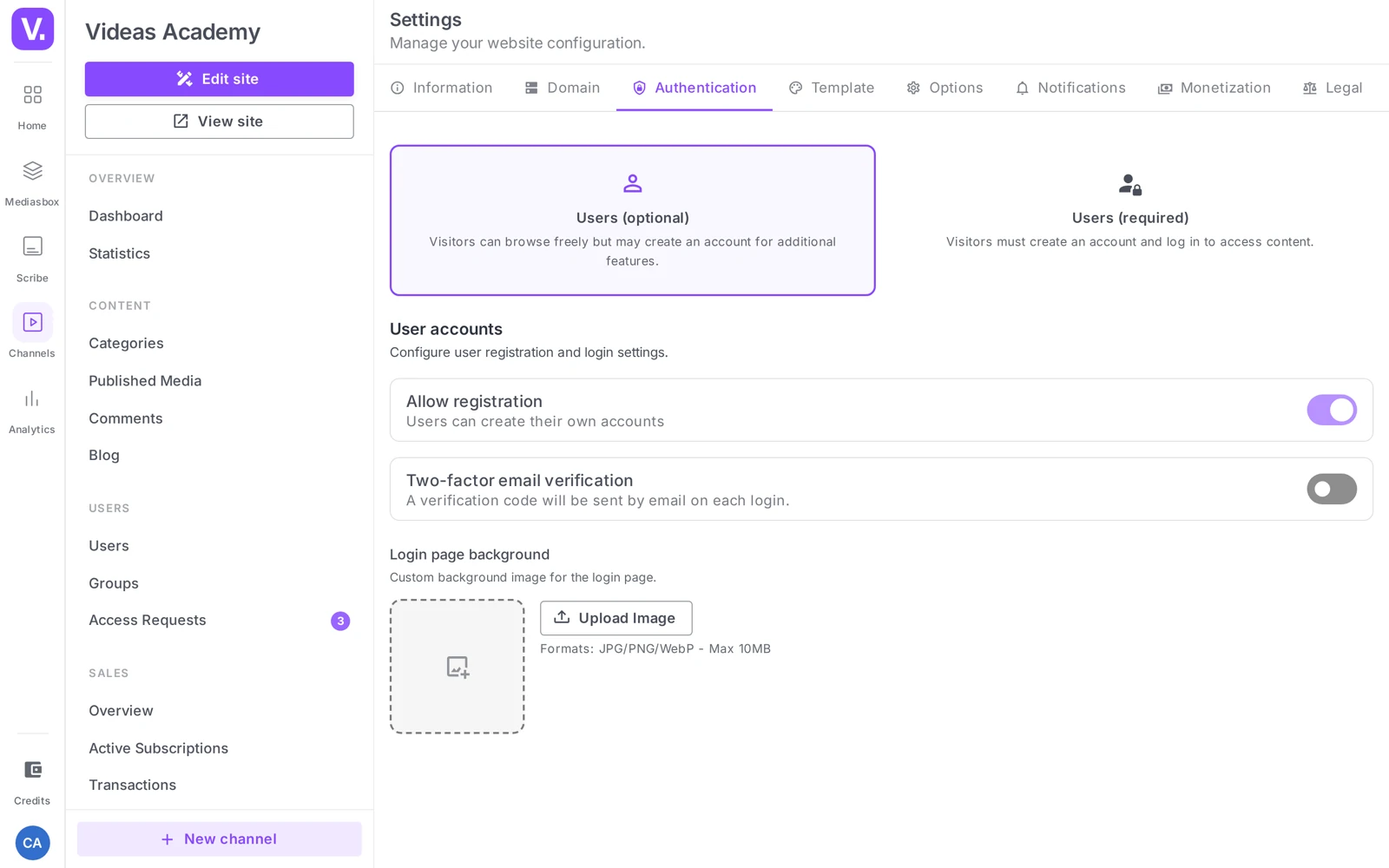 the User accounts section (Allow sign-up, Two-step verification, Login page background)