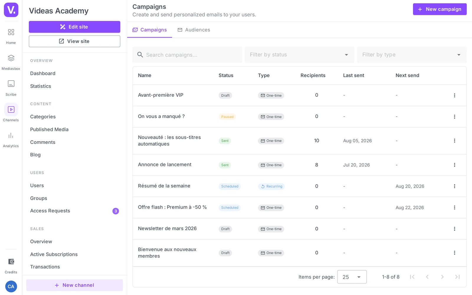 the Campaigns list (Communication → Campaigns): New campaign button, filters and columns