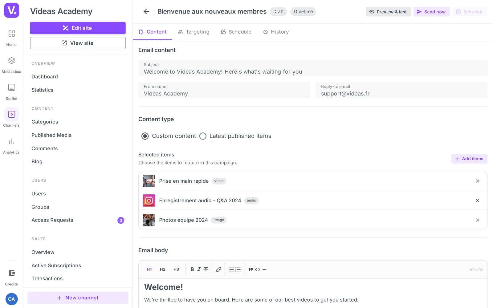 the Content tab (Email content, Content type, Email body)