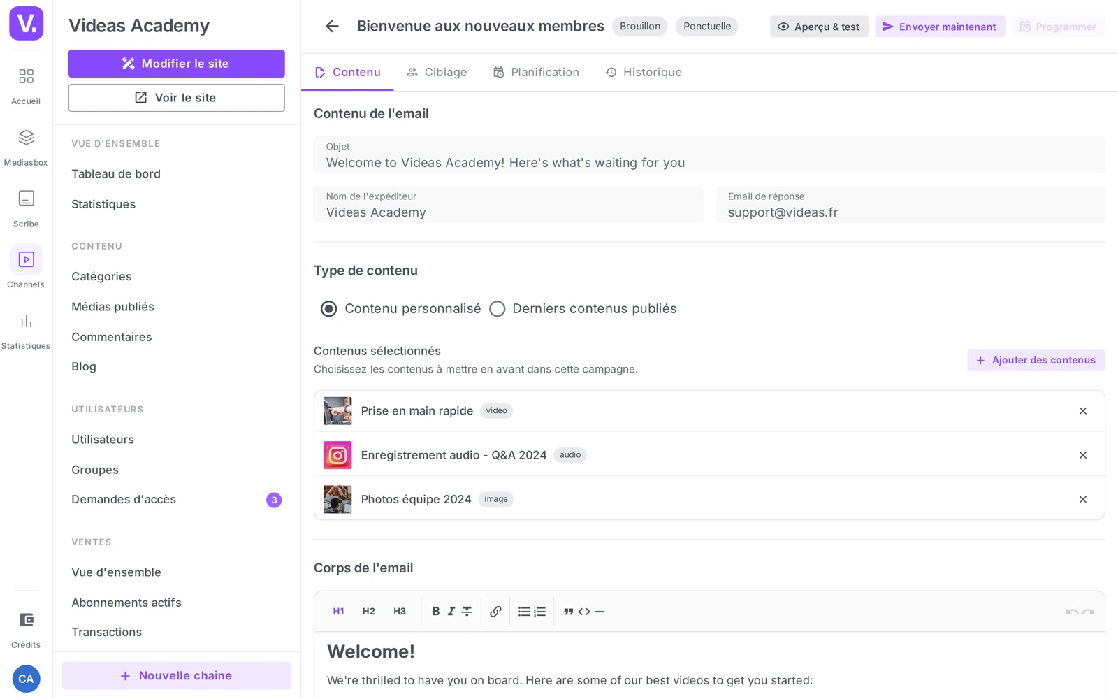 l’onglet Contenu (Contenu de l’email, Type de contenu, Corps de l’email)