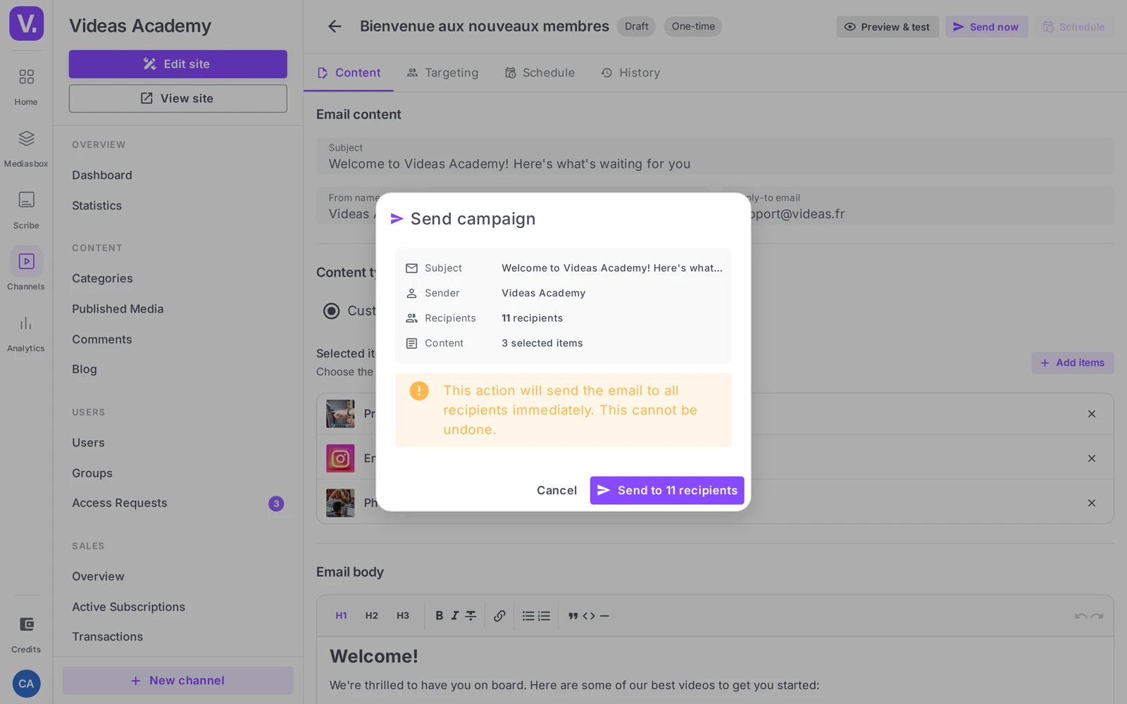 the Send campaign window (summary + Send to N recipients button)