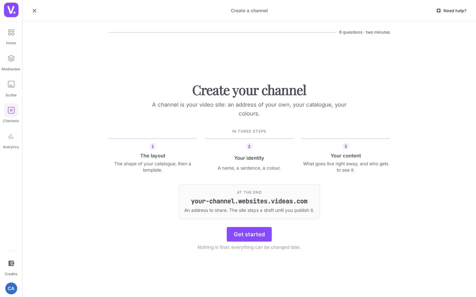 the wizard’s starting screen: the three acts and the final address box