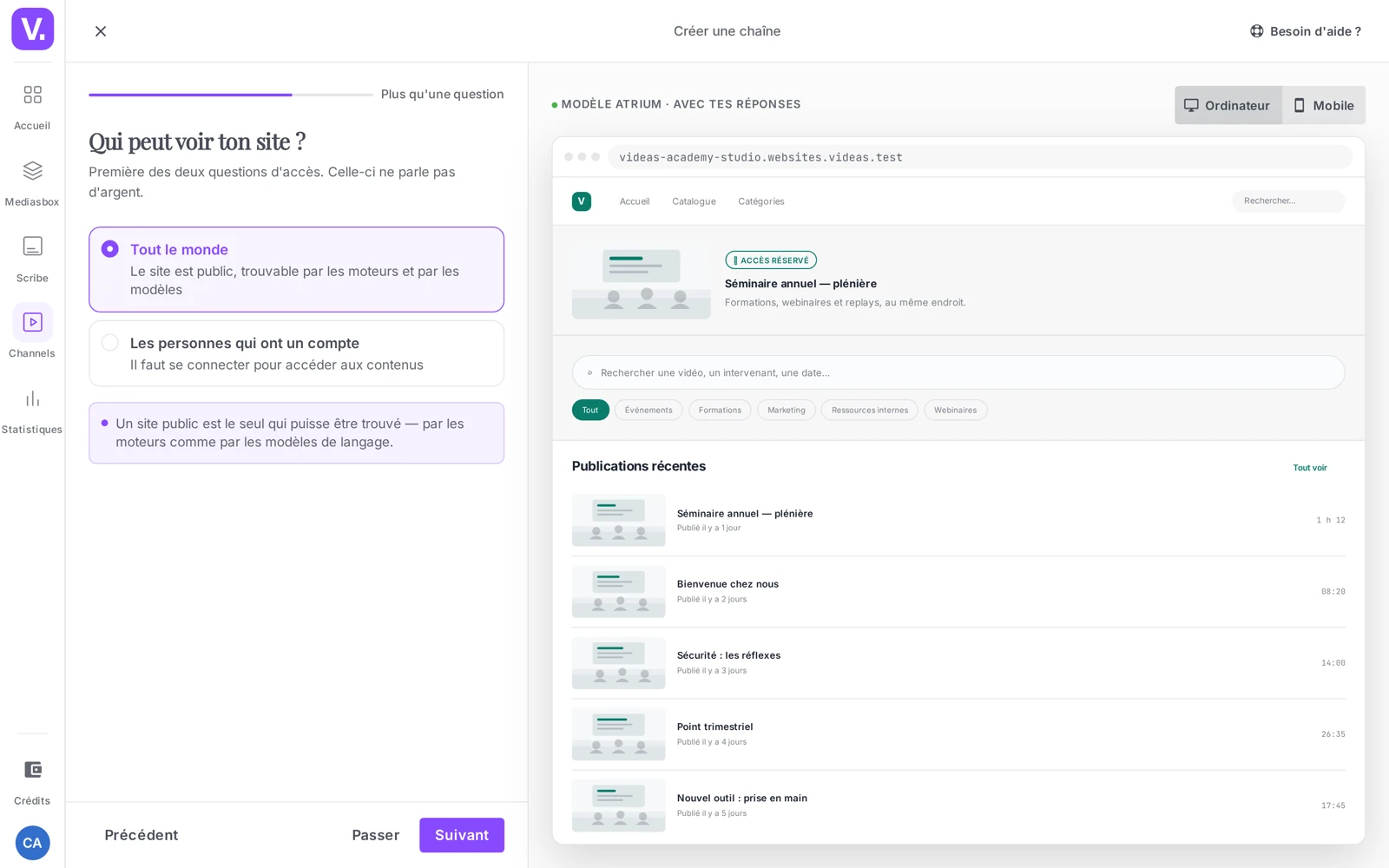 la question « Qui peut voir ton site ? » avec les deux niveaux d’accès