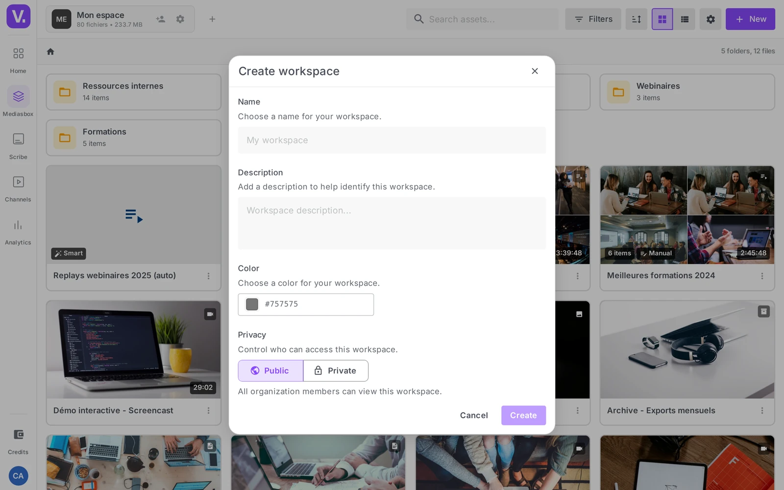 the “Create a workspace” window (Name, Description, Color, Privacy)