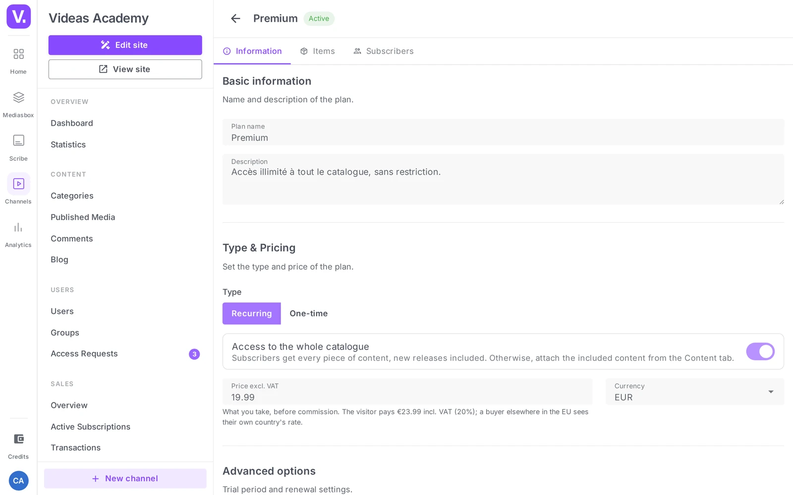the Details form of a subscription plan (name, type, price, billing period, trial)