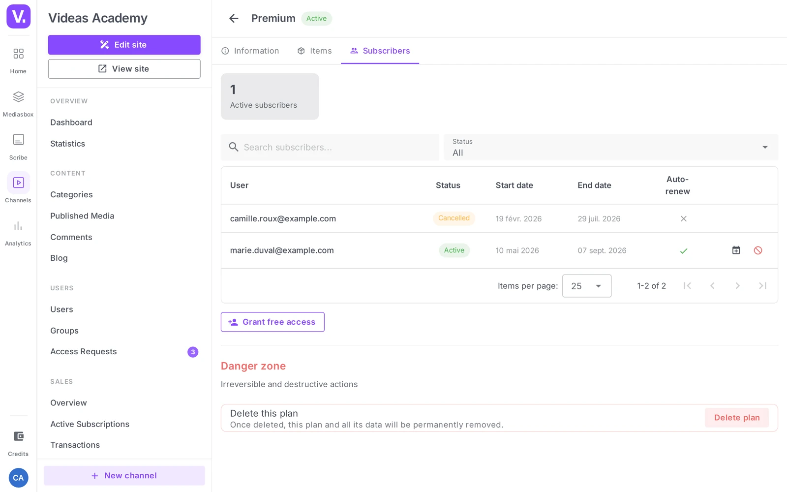 the Subscribers tab of a plan: the active-subscriber counter and the subscriber table