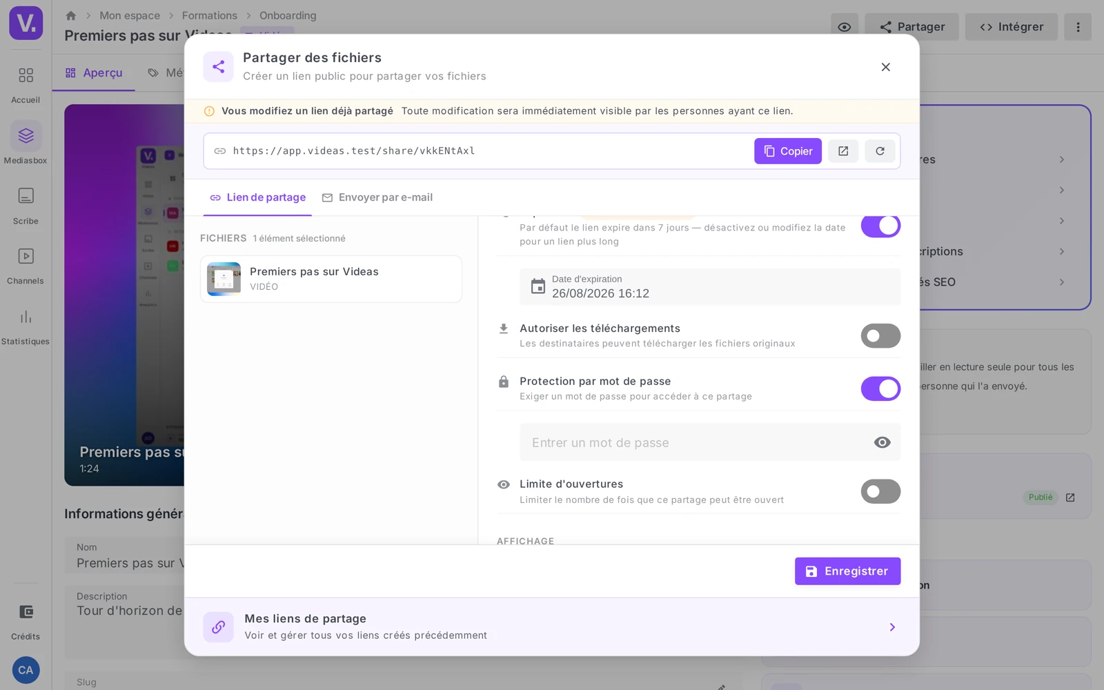 le toggle Protection par mot de passe activé et son champ de saisie dans la fenêtre Partager