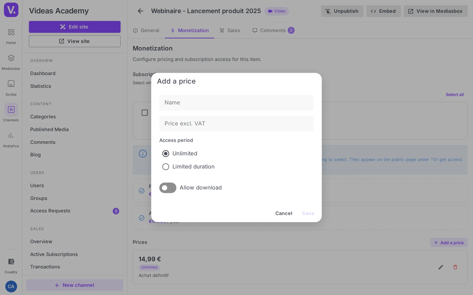 the Add a price dialog with the Name, Price excl. VAT and Access period fields
