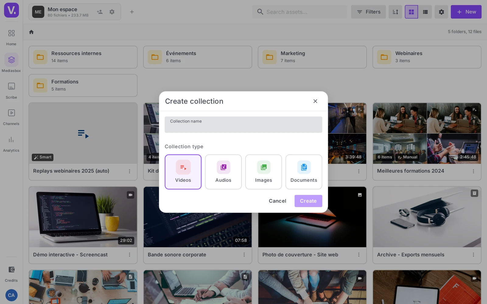 the “Create a collection” window with the Name field and the 4 Collection type cards