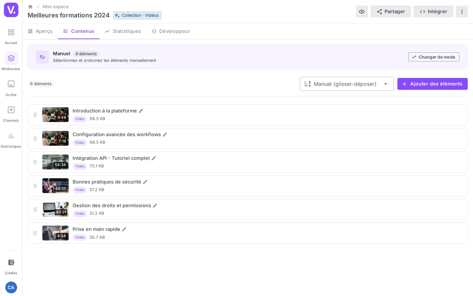 l’onglet Contenus d’une collection avec le bouton “Ajouter des éléments” et la liste des médias