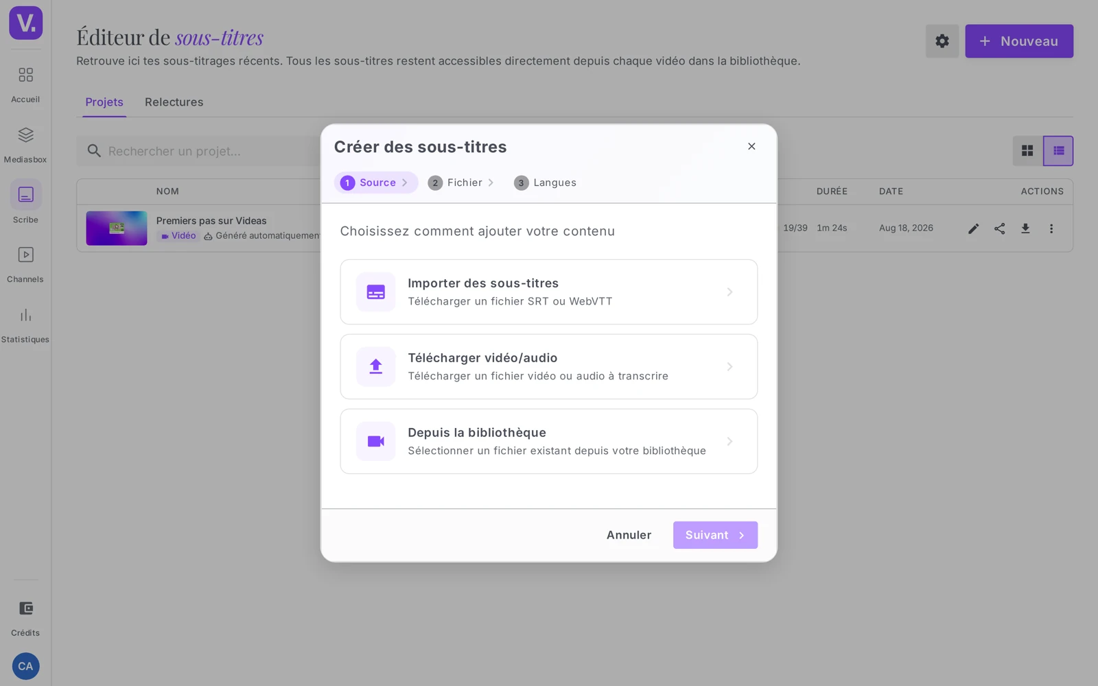 l’assistant Nouveau avec les trois sources (Télécharger vidéo/audio, Depuis la bibliothèque, Importer des sous-titres)