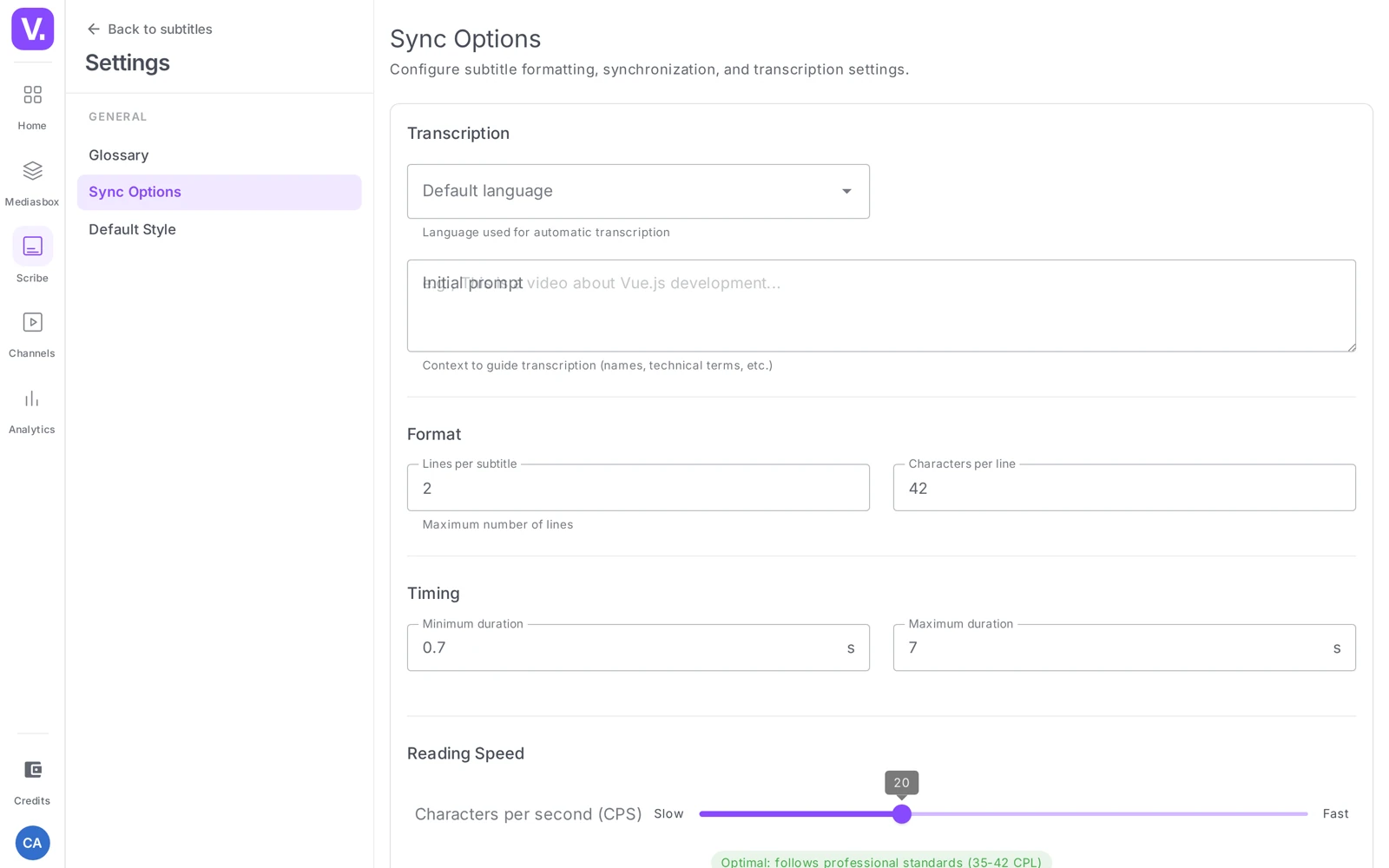 the Scribe settings screen (Glossary, Sync options and Default style tabs)