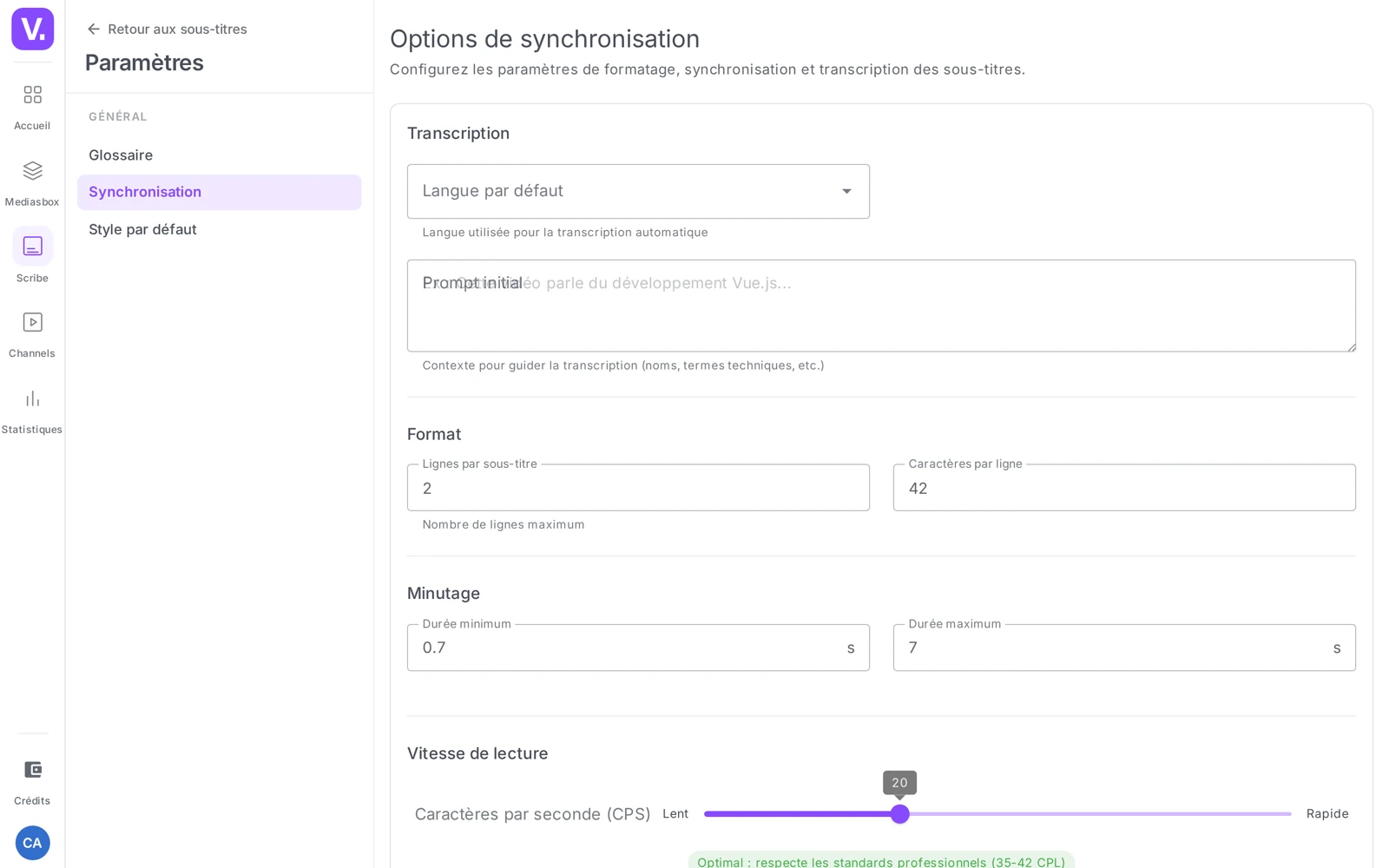 l’écran de réglages de Scribe (onglets Glossaire, Options de synchronisation, Style par défaut)