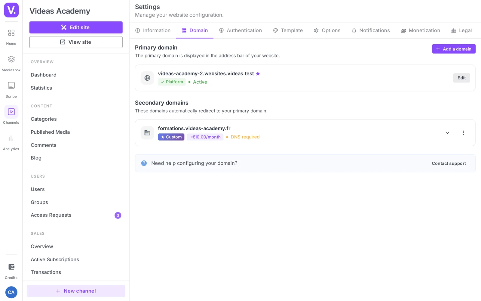 the Settings → Domain page (Primary domain / Secondary domains sections)