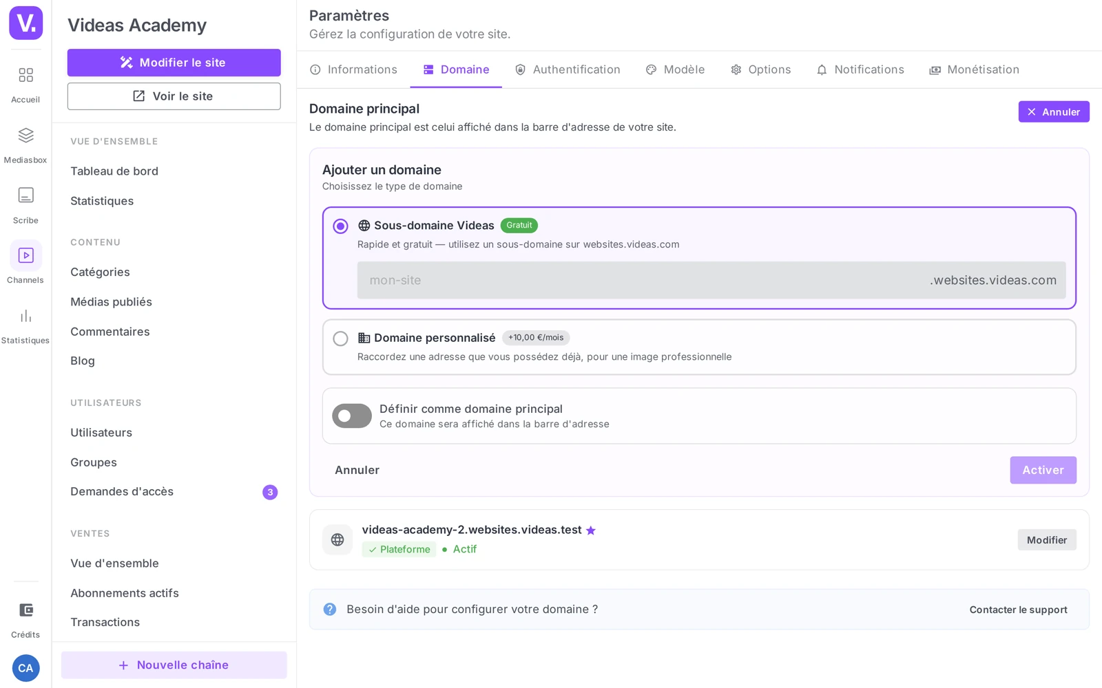 le panneau d’ajout déplié dans la page, avec les deux options (Sous-domaine Videas / Domaine personnalisé)