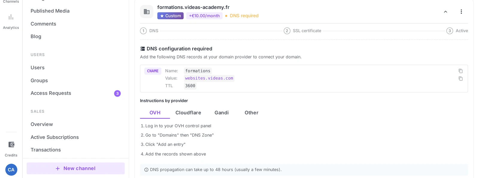 the DNS configuration required screen (Name / Value / TTL, Copy buttons, OVH / Cloudflare / Gandi / Other tabs)