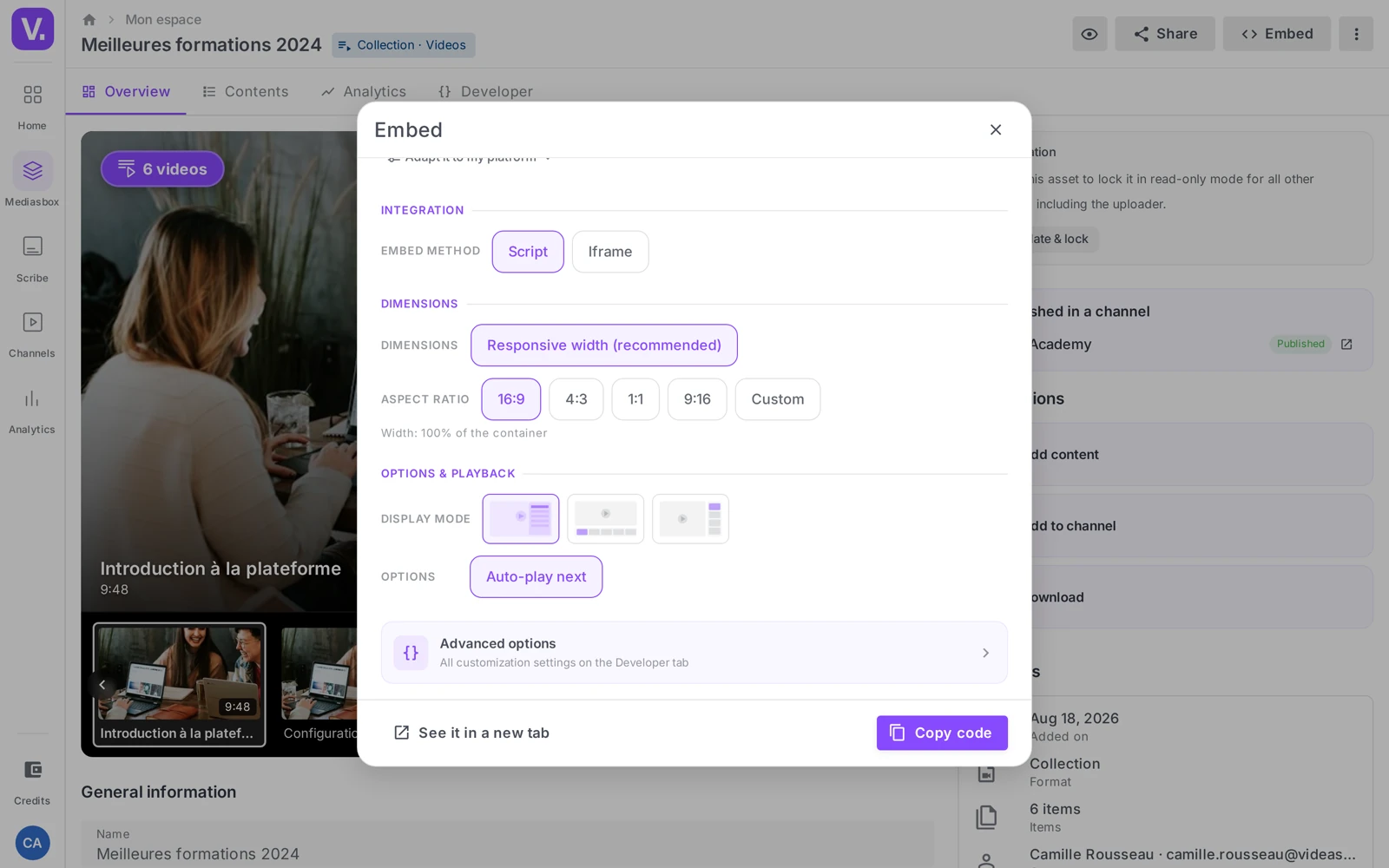 the Embed window of a video collection, with the Display mode setting and Autoplay next