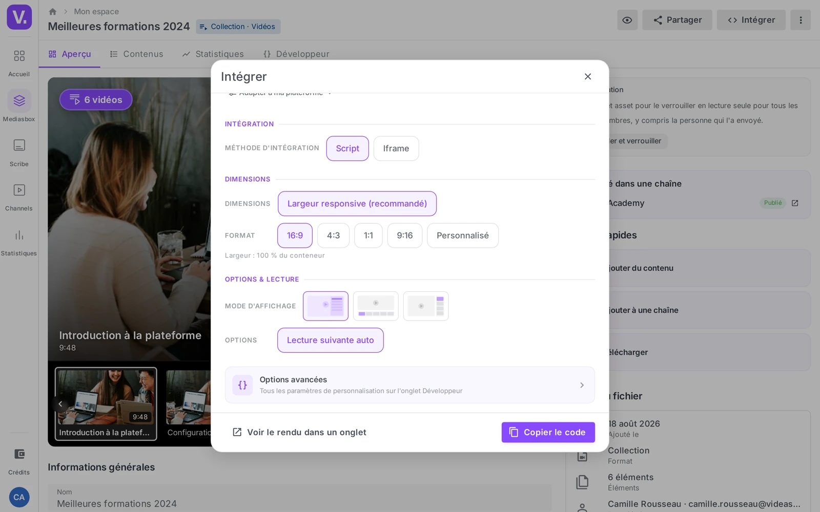 la fenêtre Intégrer d’une collection de vidéos, avec le réglage Mode d’affichage et Lecture suivante auto