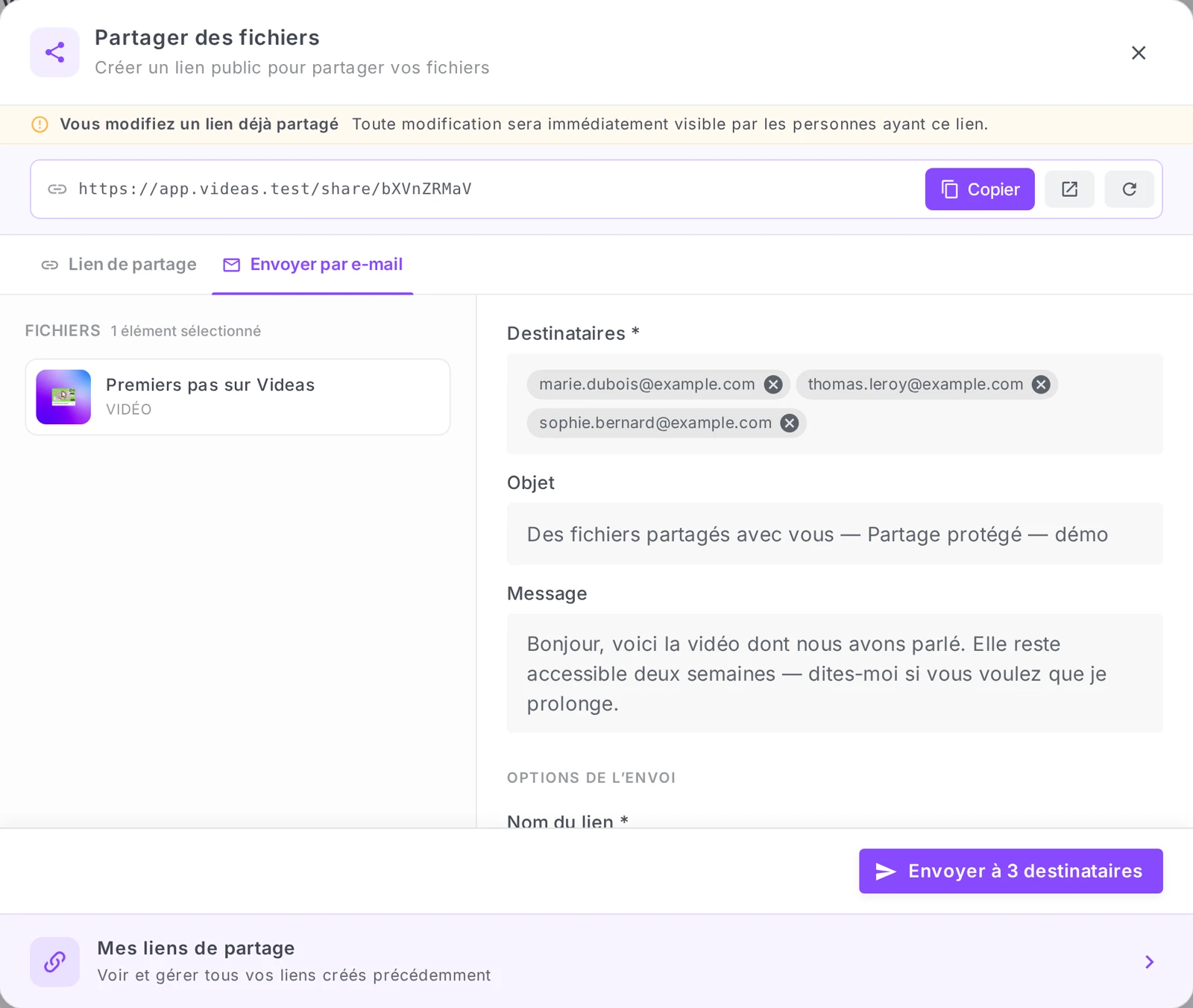 l’onglet Envoyer par e-mail de la fenêtre Partager : les destinataires en puces, l’objet pré-rempli, le message et le bouton d’envoi