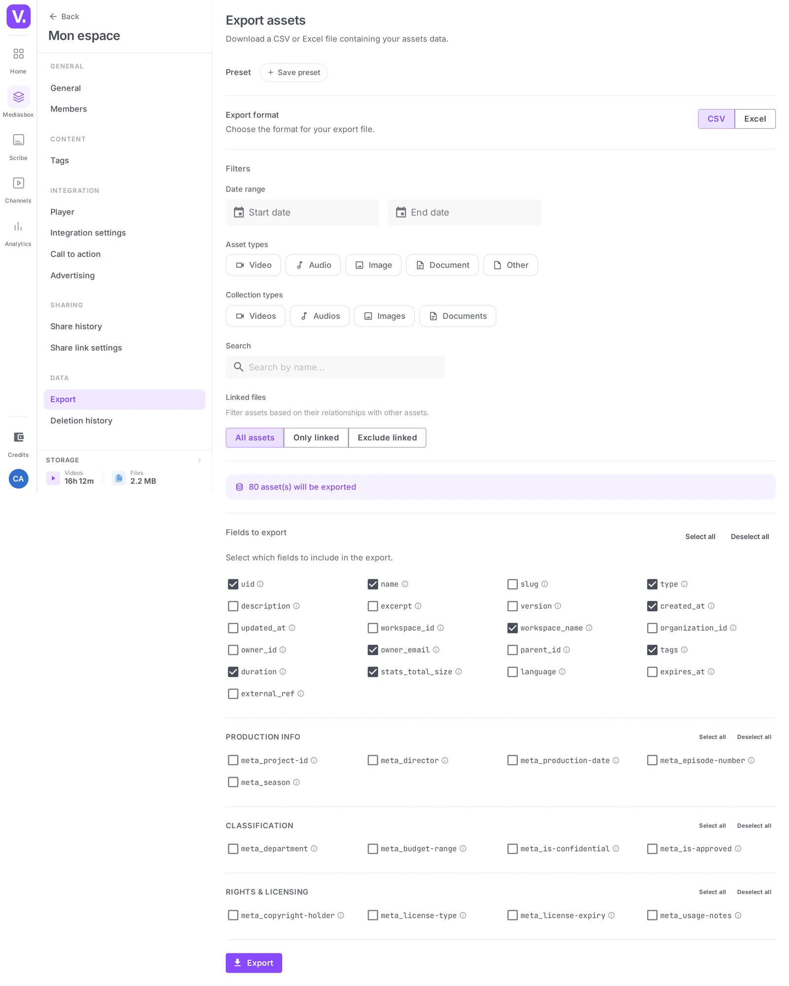 the “Export assets” screen (Export format, Filters, Fields to export, Export button)