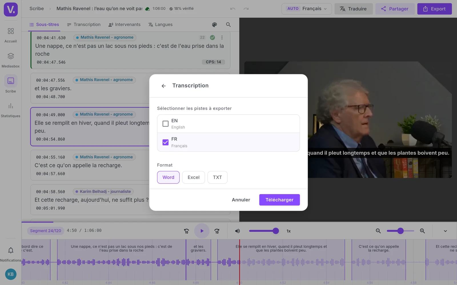 la fenêtre Export, carte Transcription ouverte, Word coché