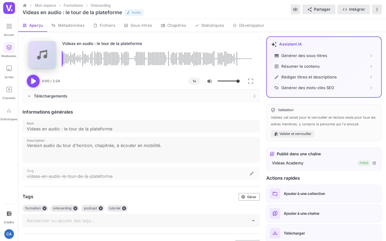 la fiche d’un audio, onglet Aperçu, avec le lecteur et sa forme d’onde