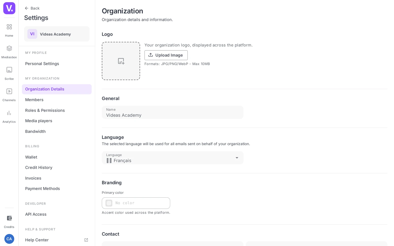 the Organization settings page with its side menu of sections