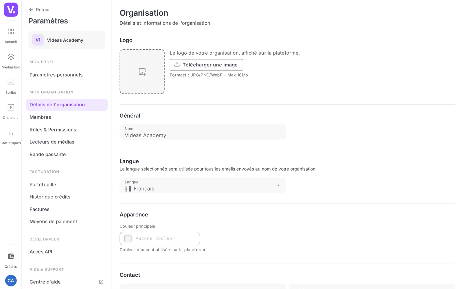 la page Paramètres de l’organisation avec son menu latéral des sections