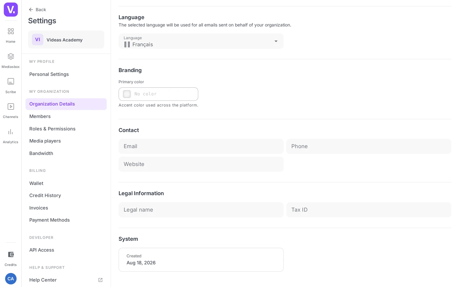 the Account section with the identity, the language and the primary color picker