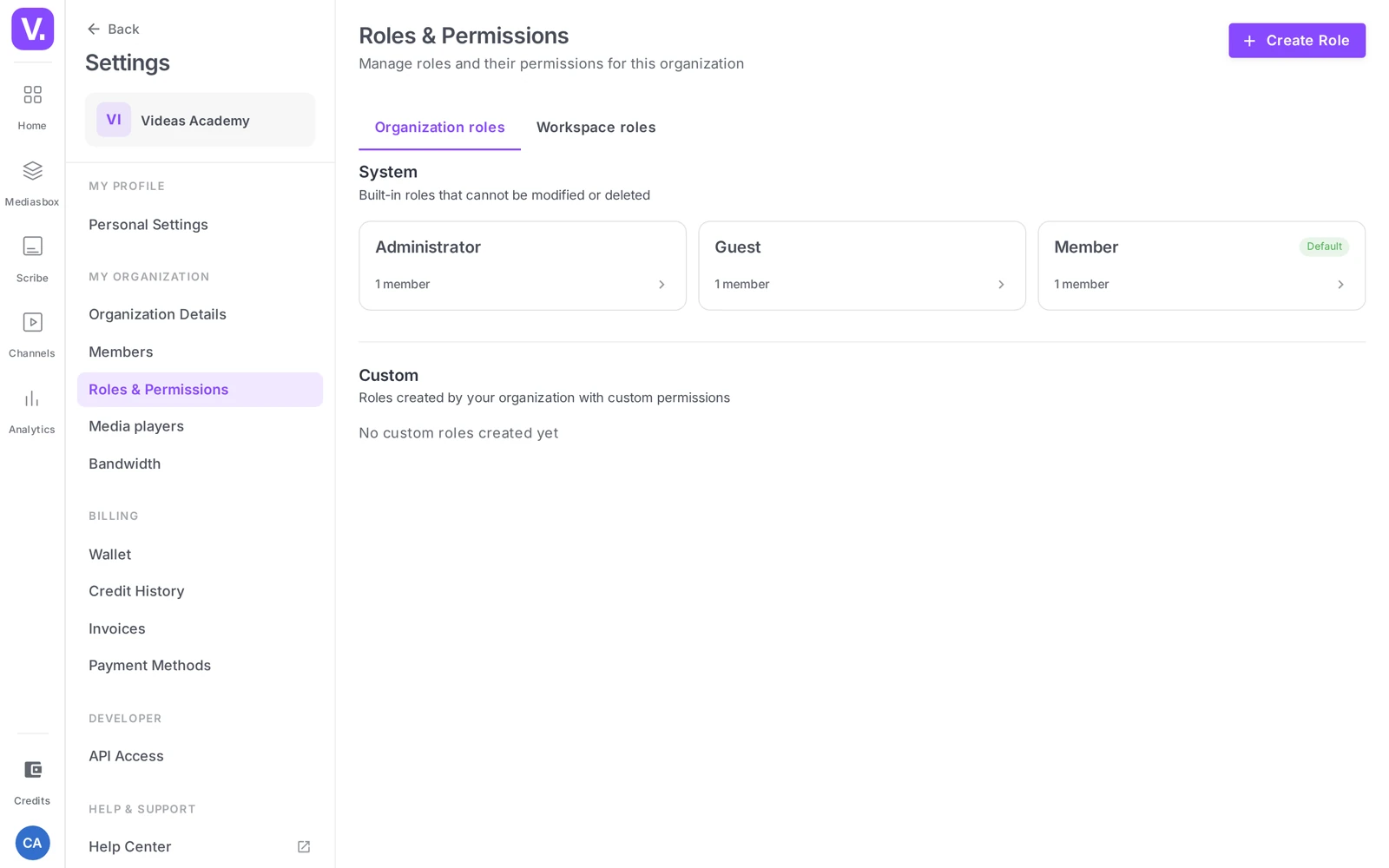 the Roles & Permissions page with the Organization roles / Workspace roles tabs and the System / Custom groups