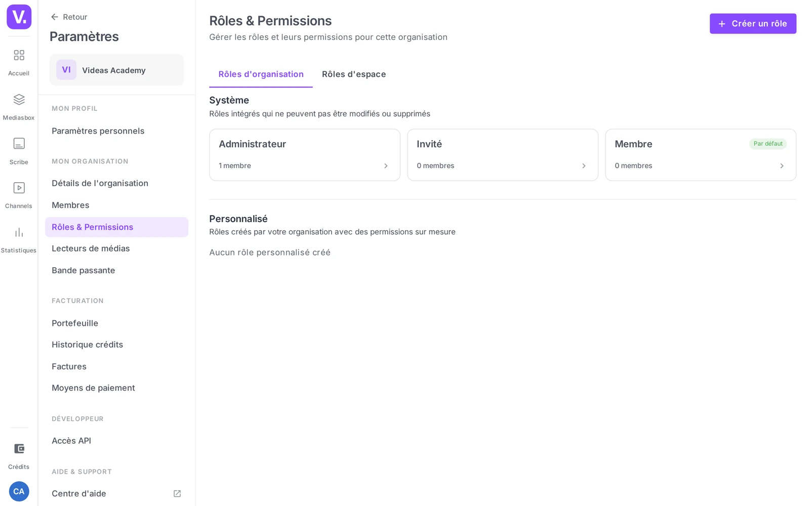 la page Rôles & Permissions avec les onglets Rôles d’organisation / Rôles d’espace et les groupes Système / Personnalisé