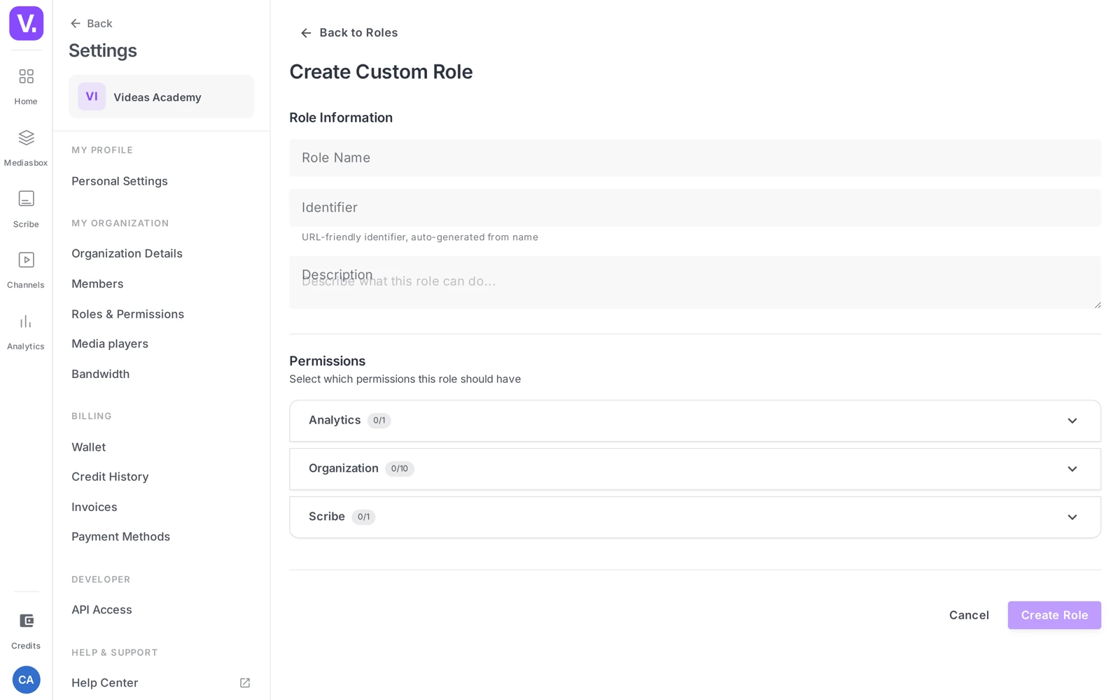 the role creation screen: Name / Identifier / Description fields and the per-category permission panels