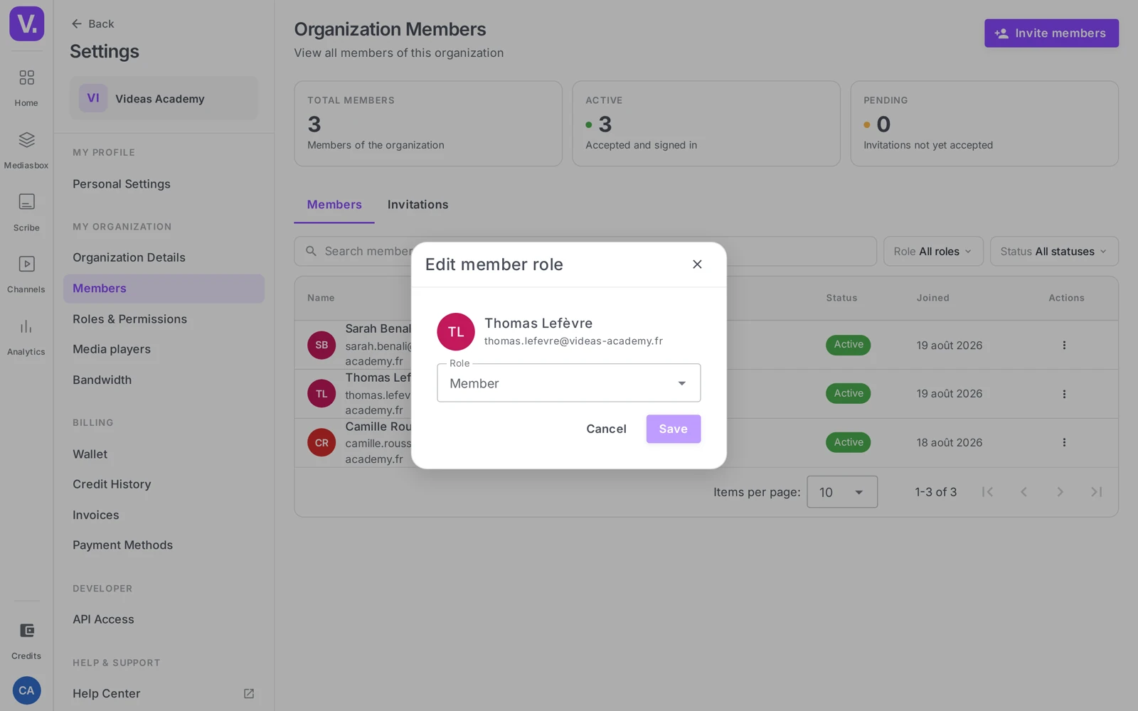 the role selector open on a member (Edit member role modal)