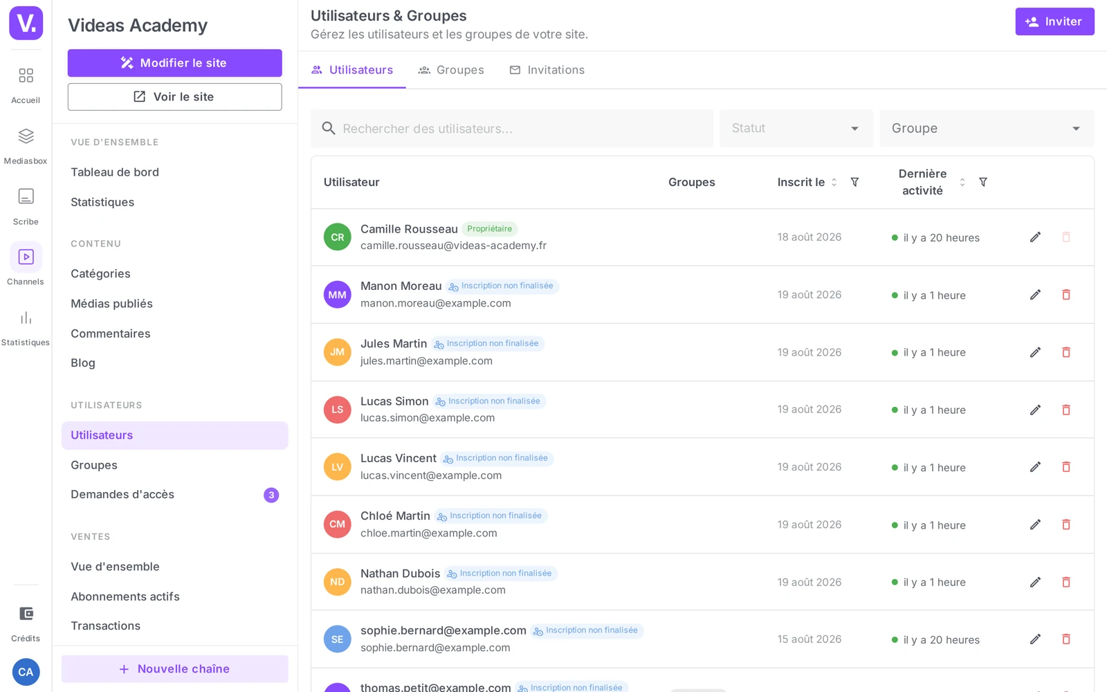 la page Utilisateurs & Groupes (onglets Utilisateurs / Groupes / Invitations, colonnes de la liste)
