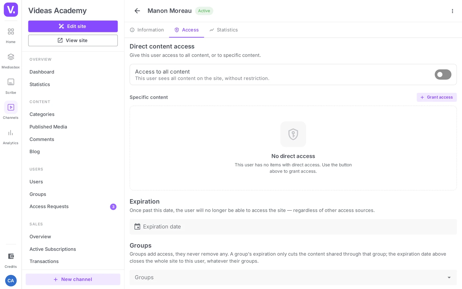the user profile, Access tab (Direct content access, Expiry, Groups, Subscriptions)