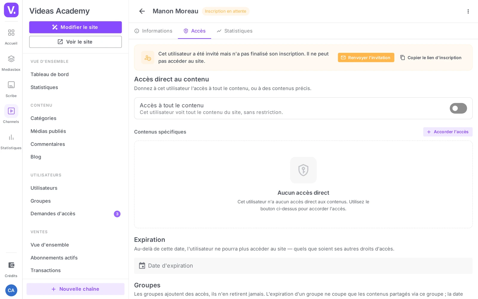 la fiche utilisateur, onglet Accès (Accès direct au contenu, Expiration, Groupes, Abonnements)