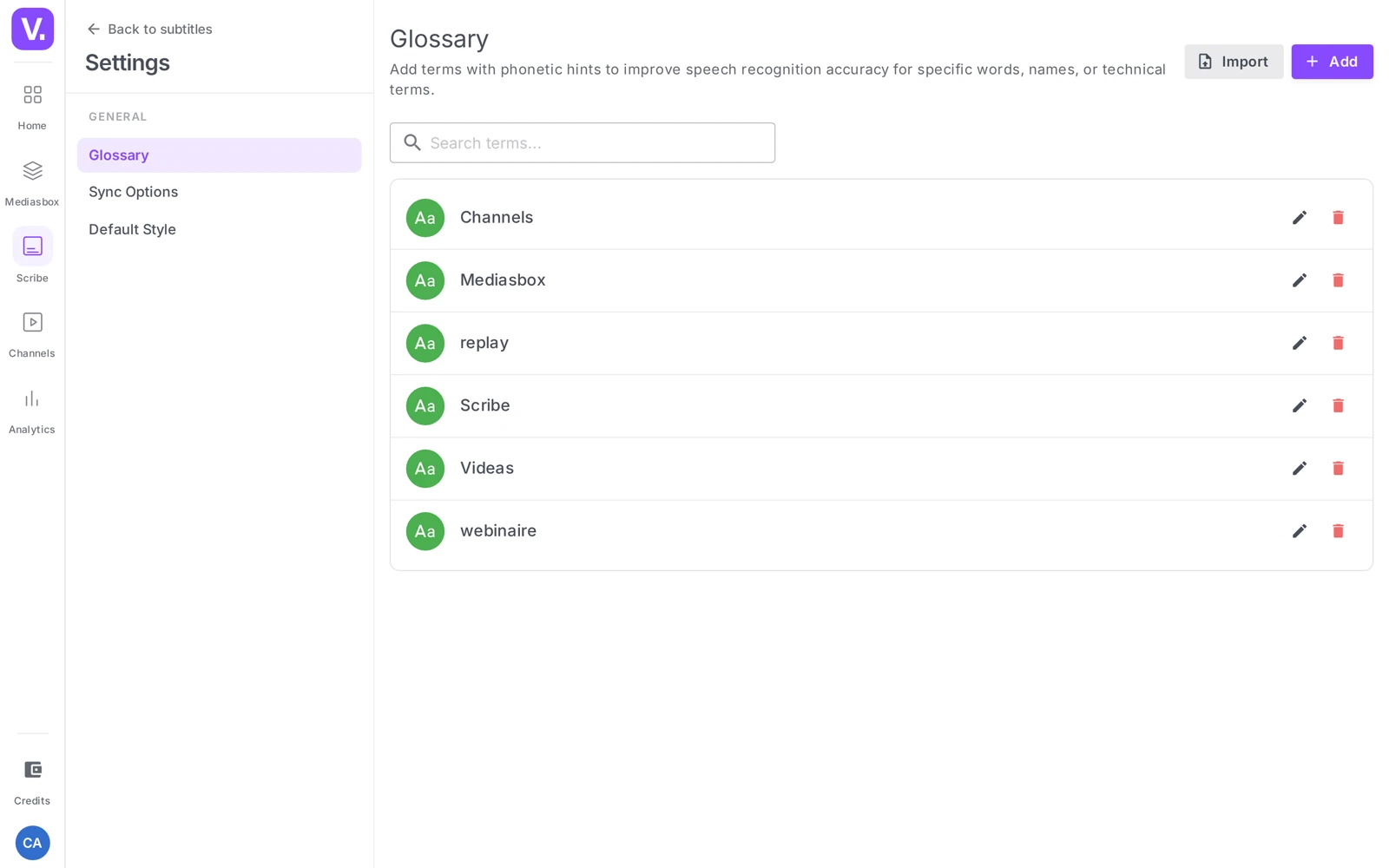the Glossary screen (list of terms, Add and Import buttons)