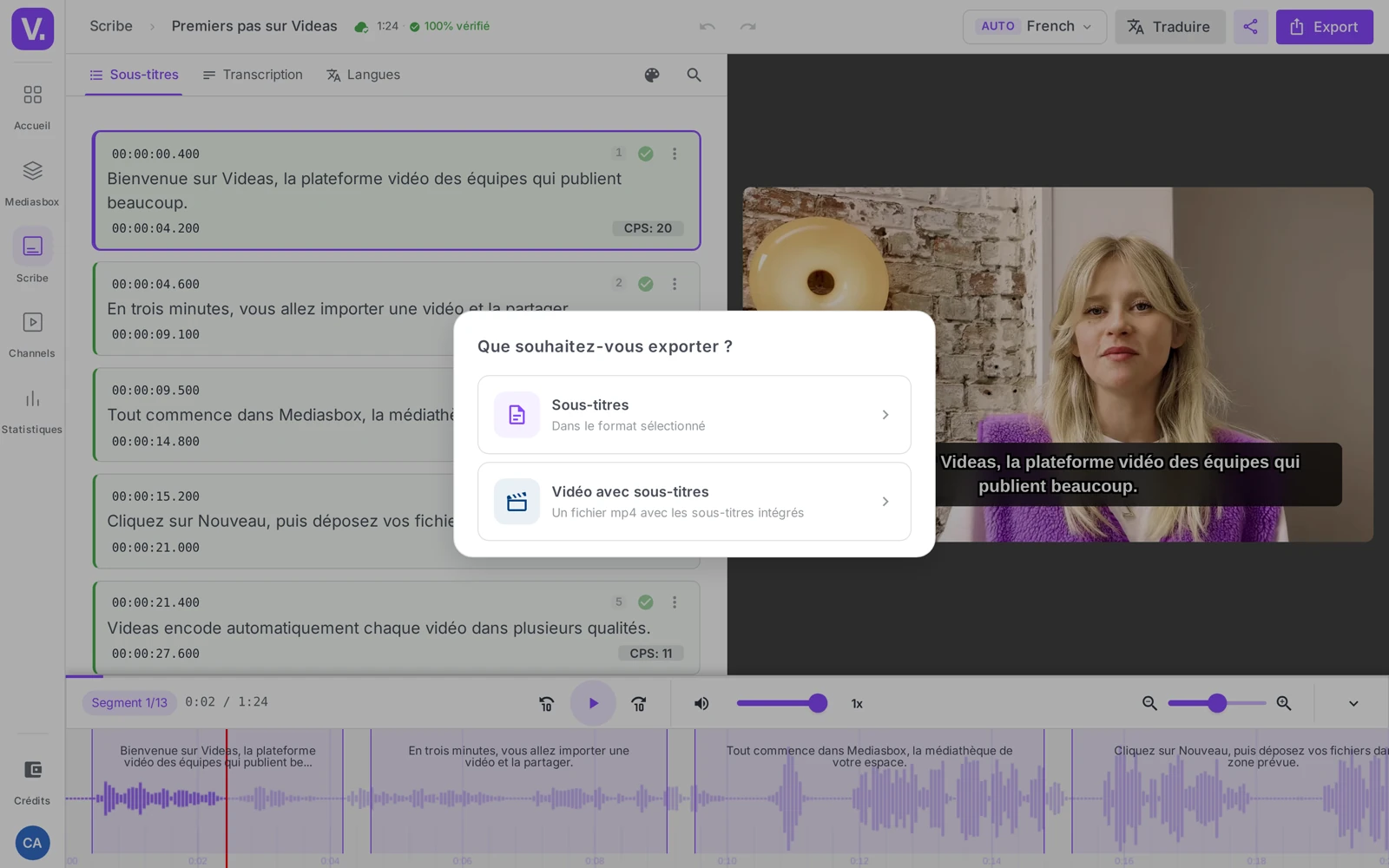 la fenêtre Export avec les deux cartes “Sous-titres” et “Vidéo avec sous-titres”