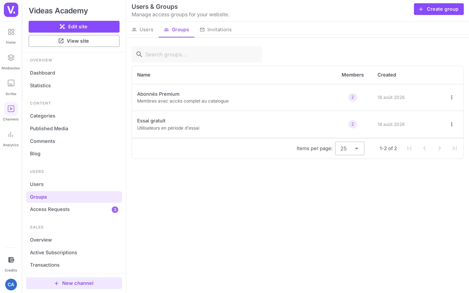 the Groups tab and the New group window (Group name + Description)